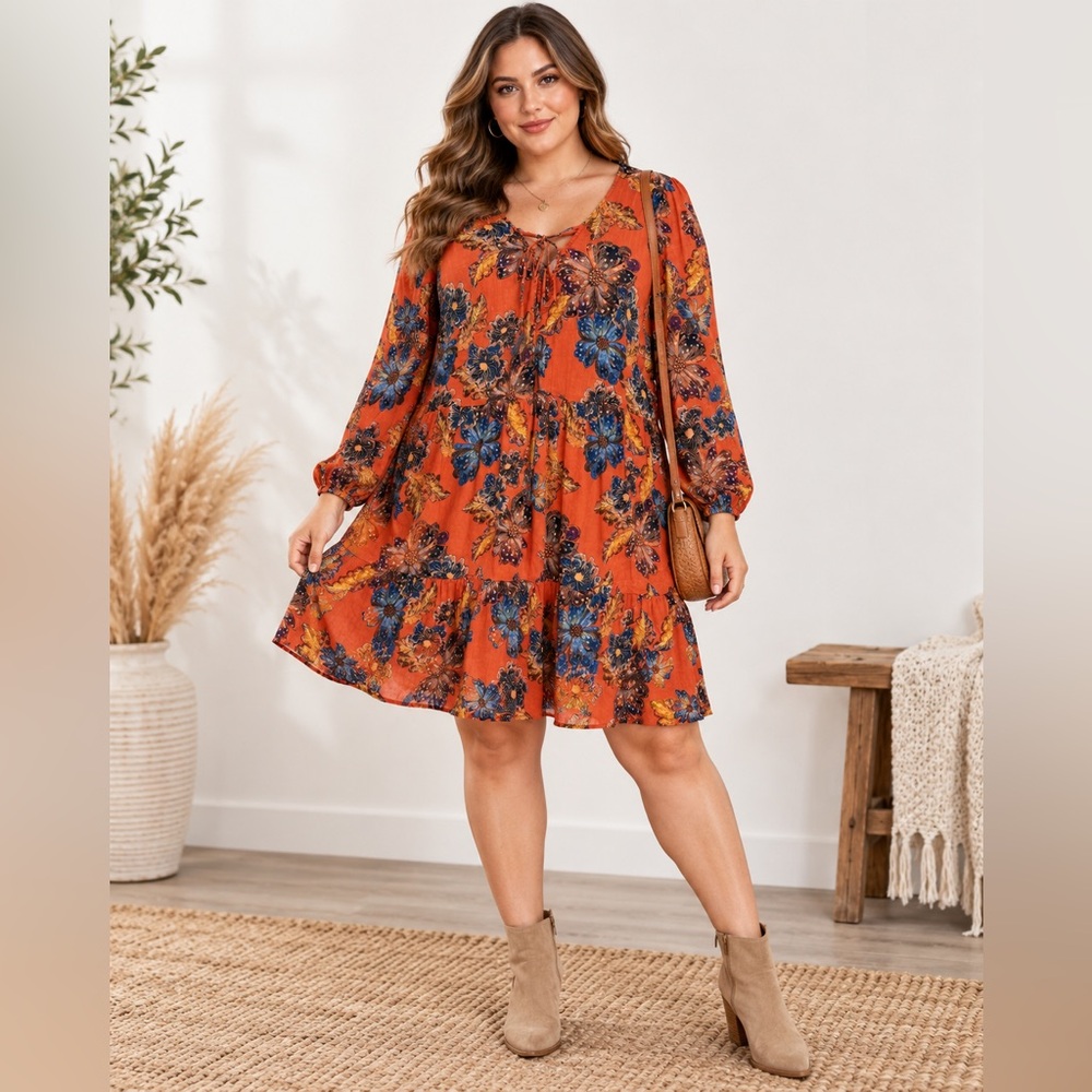 Fall floral Old Navy Orange Long Sleeve flowy tiered boho Dress size L